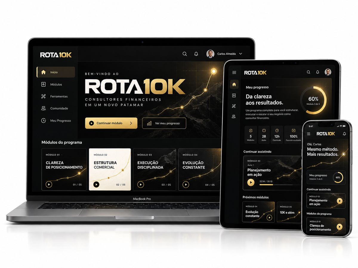 Painel do Rota 10K com o progresso do participante, os módulos do programa e o próximo passo, em notebook, tablet e celular